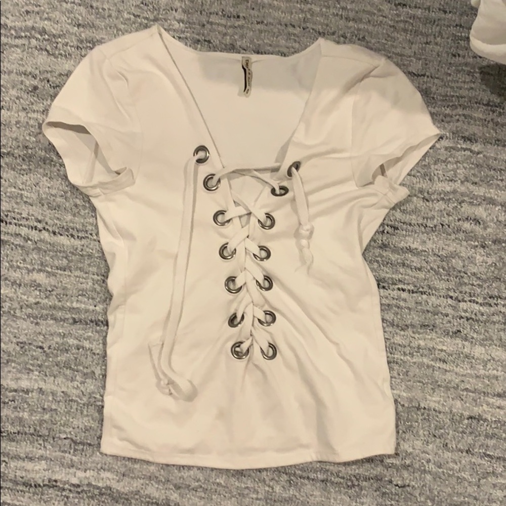Emma and Sam barely worn white lace up t shirt